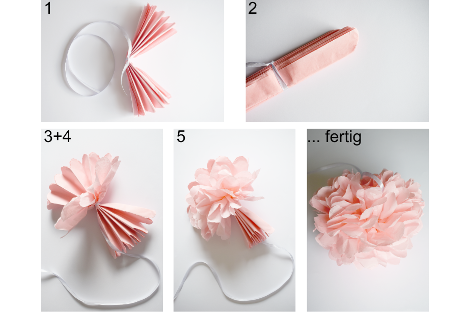 Schritt-für-Schritt Bastelanleitung zum Pompoms selber machen aus rosanem Seidenpapier mit weißem Satinband